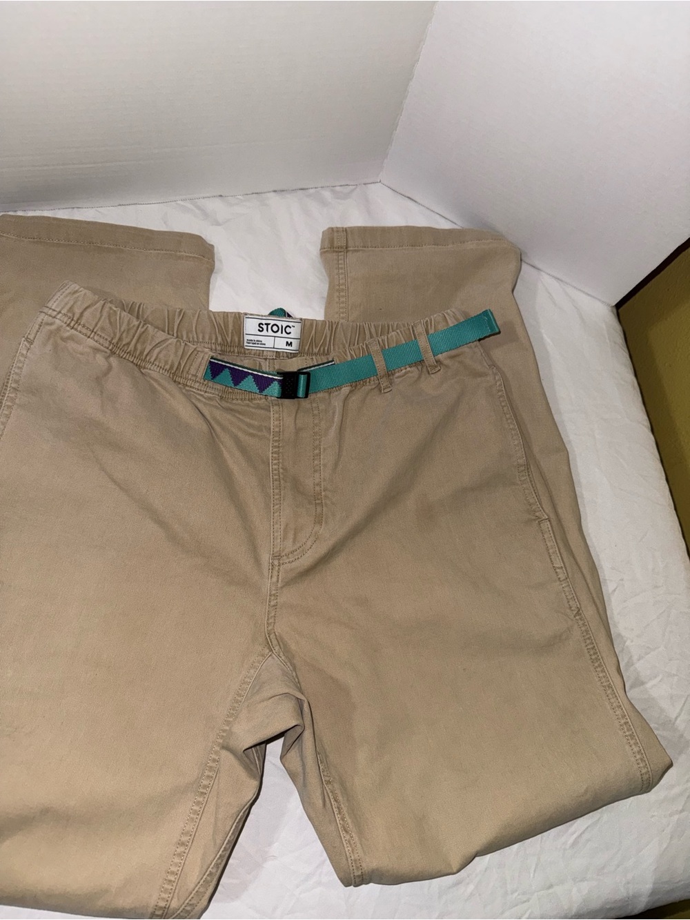 STOIC Men’s Tan Chinos with Teal Webbing Belt